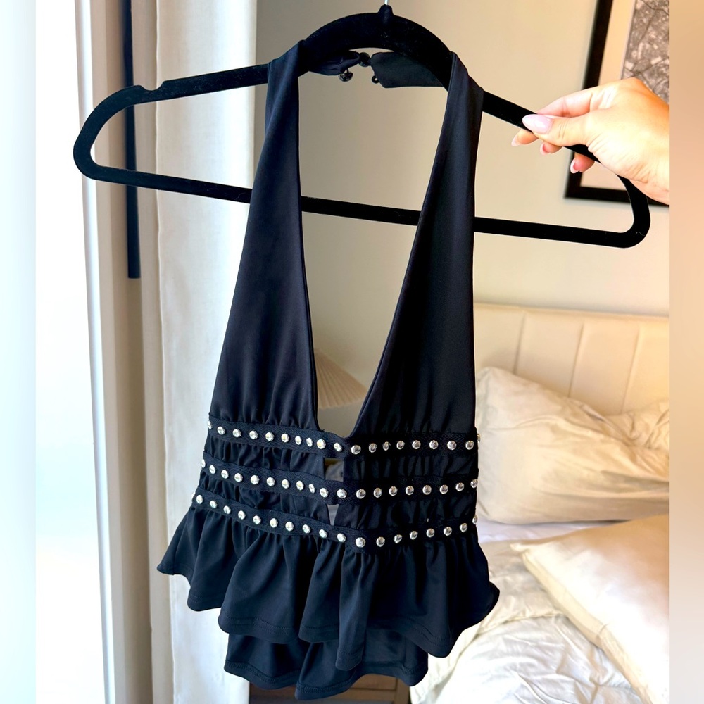 Black Halter Top with Studded Detail